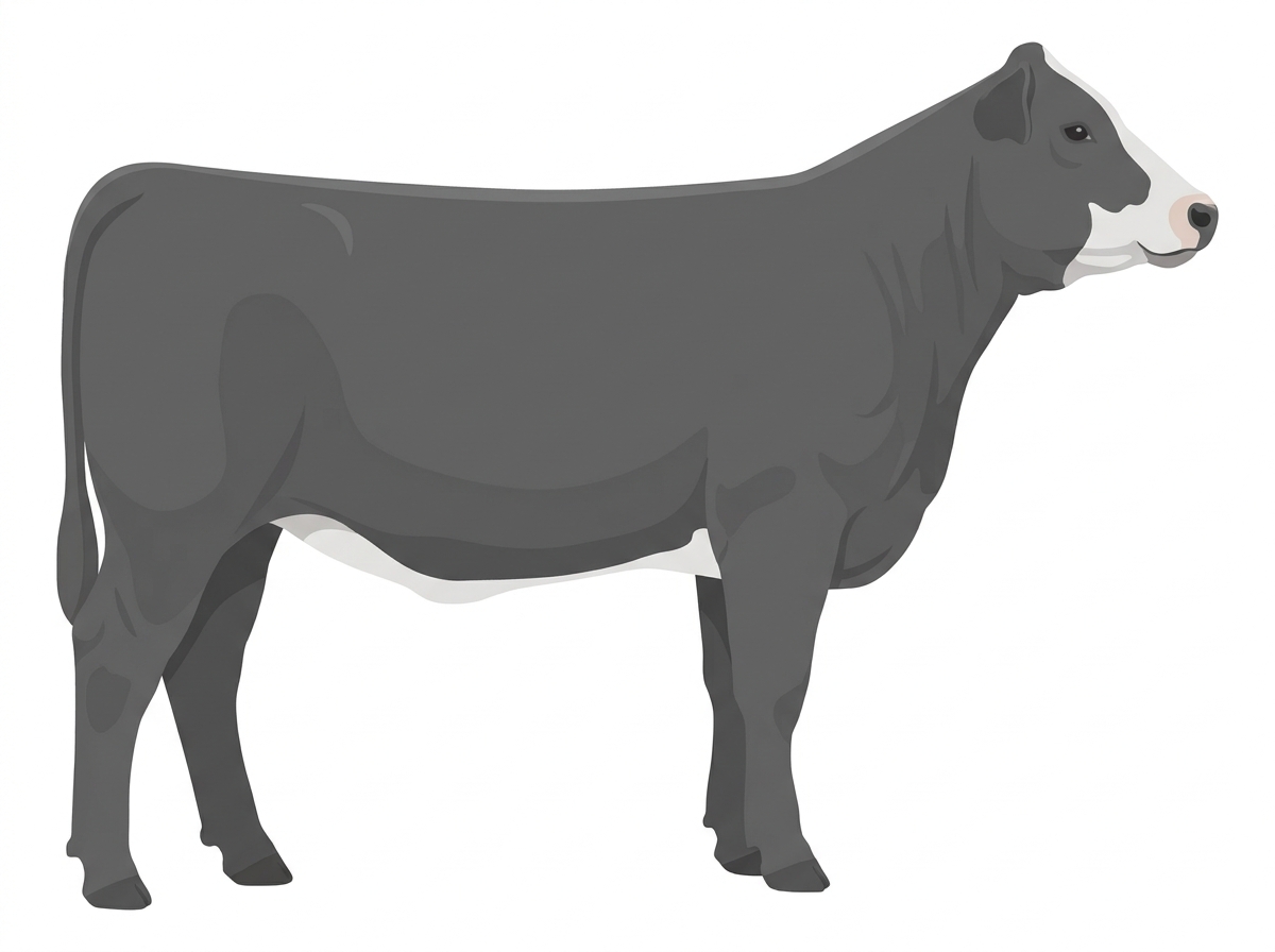 Gray with a pale muzzle ring and lighter underline and a partial white face Angus Cross Heifer