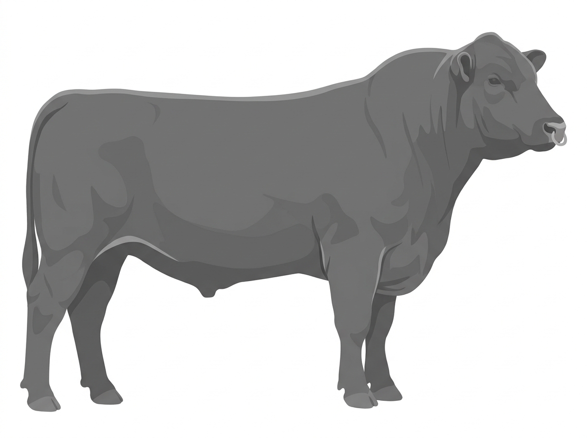 Gray with a pale muzzle ring and lighter underline Angus Cross Bull