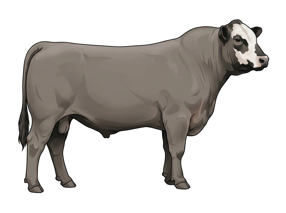 Gray with black points and a partial white face Angus Cross Bull