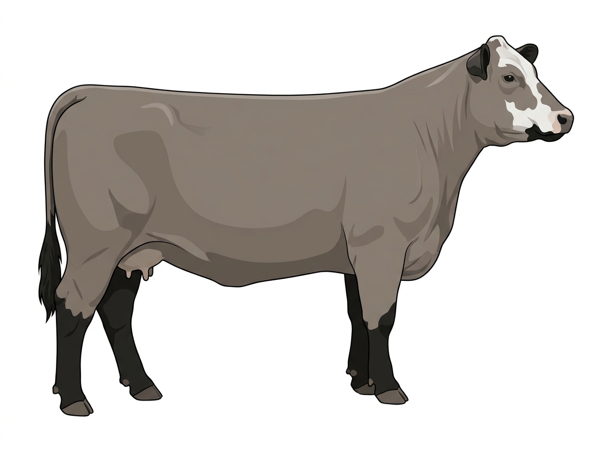 Gray with black points and a partial white face Angus Cross Cow