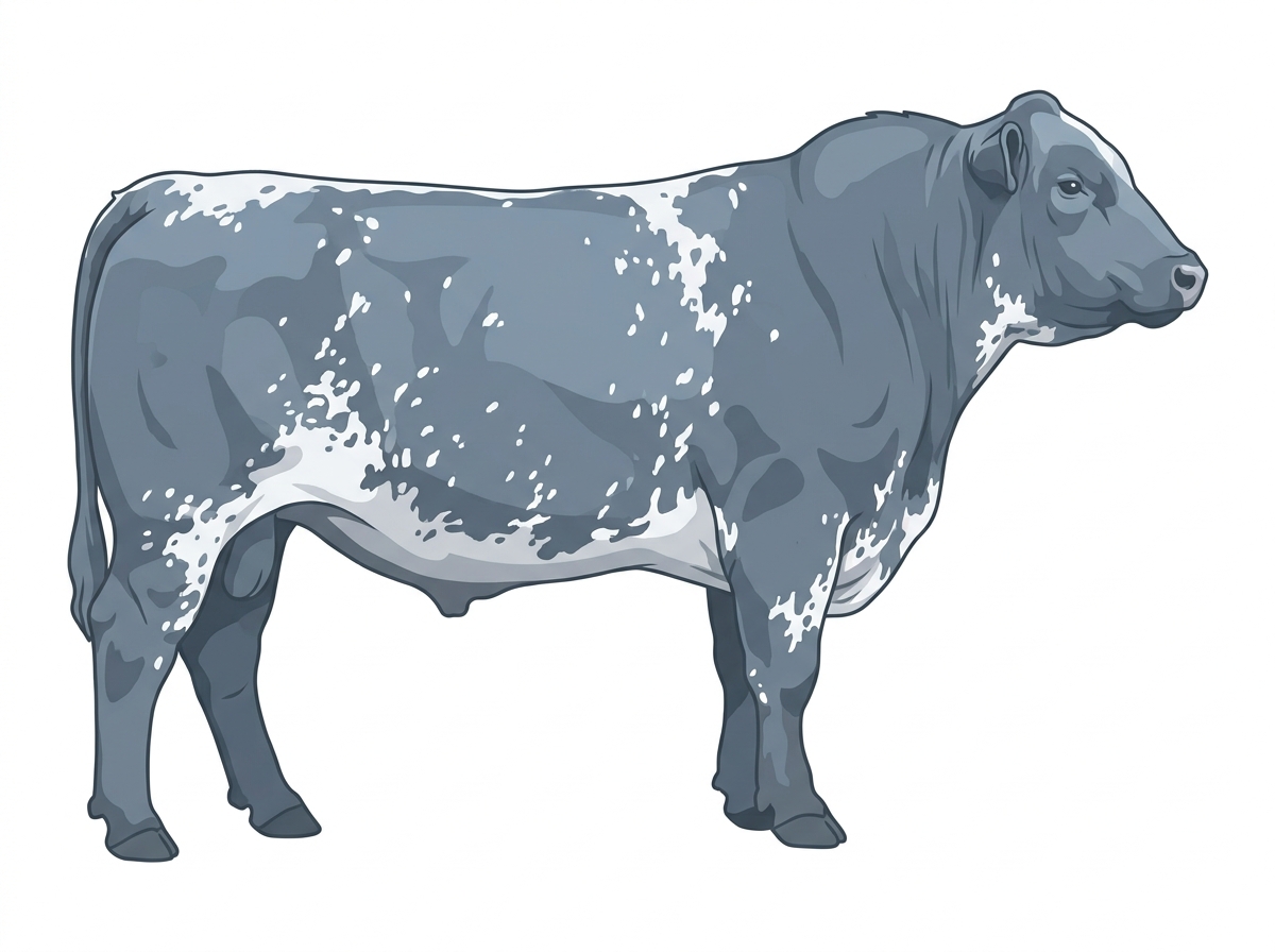 Light blue roan with a few white spots and ticking in the white Angus Cross Bull