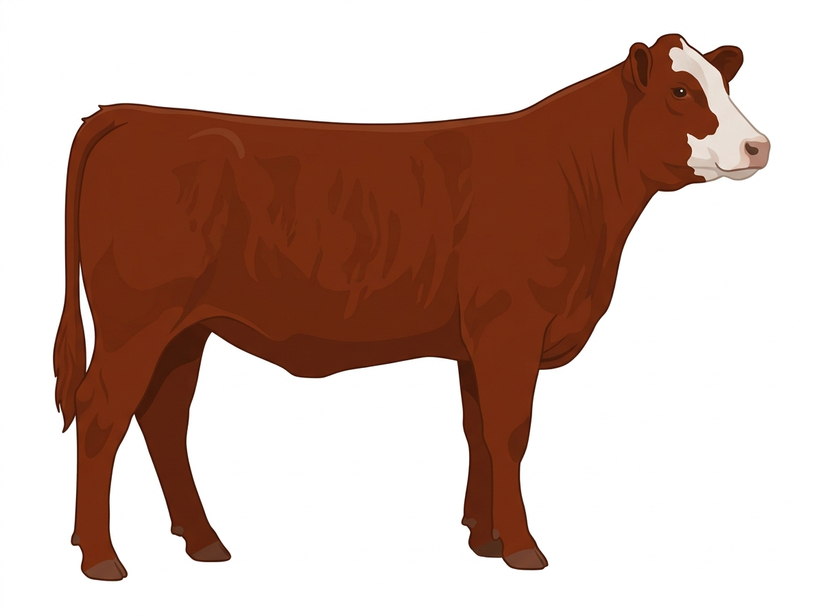 Red faint brindle with partial white face Angus Cross Heifer