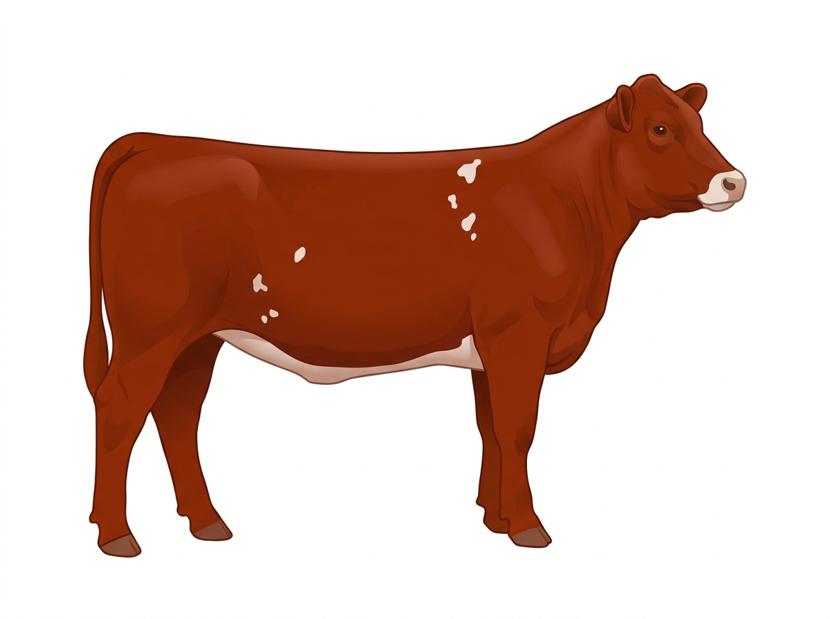 Red with a pale muzzle ring and lighter underline and a few white spots Angus Cross Heifer