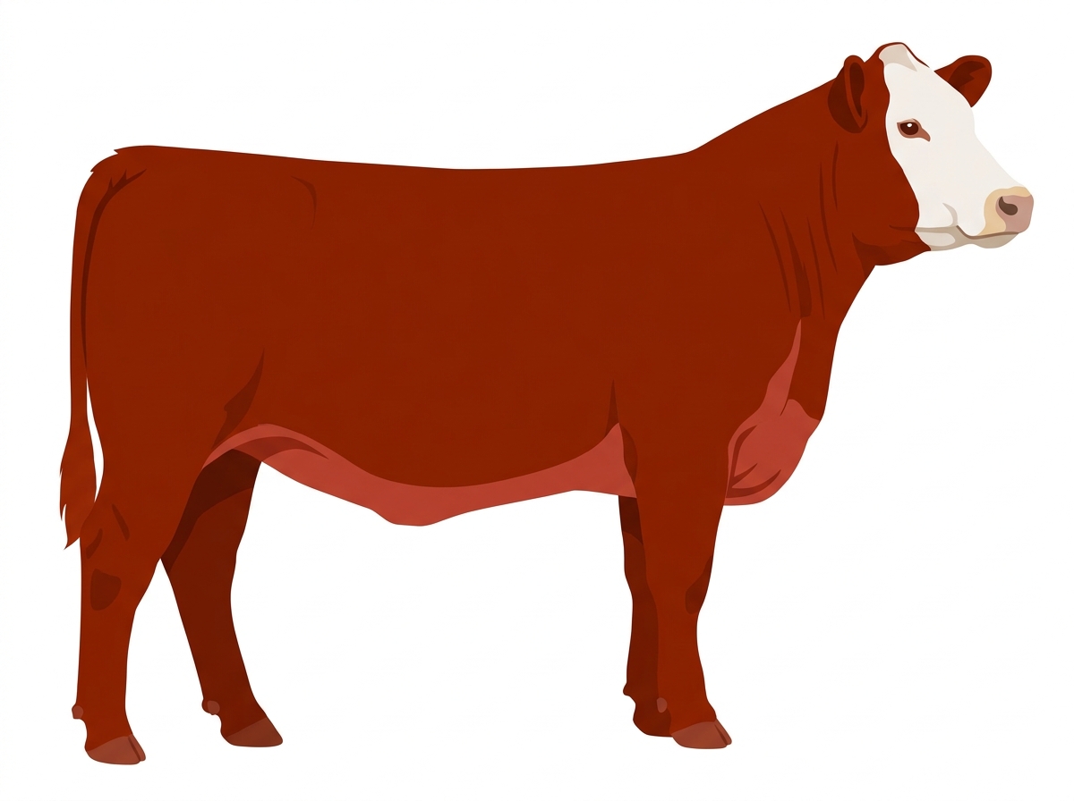 Red with a pale muzzle ring and lighter underline and a white face Angus Cross Heifer