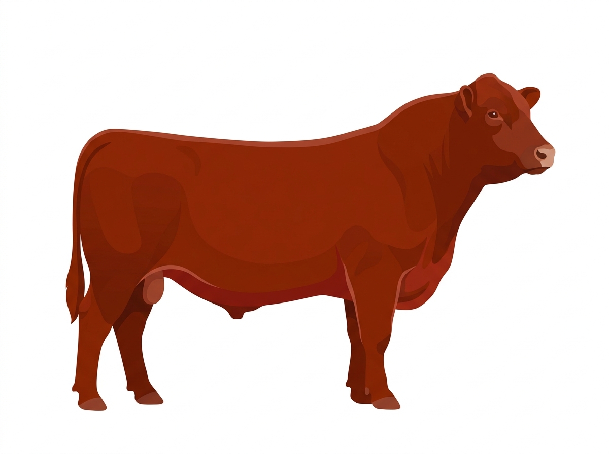 Red with a pale muzzle ring and lighter underline Angus Cross Bull