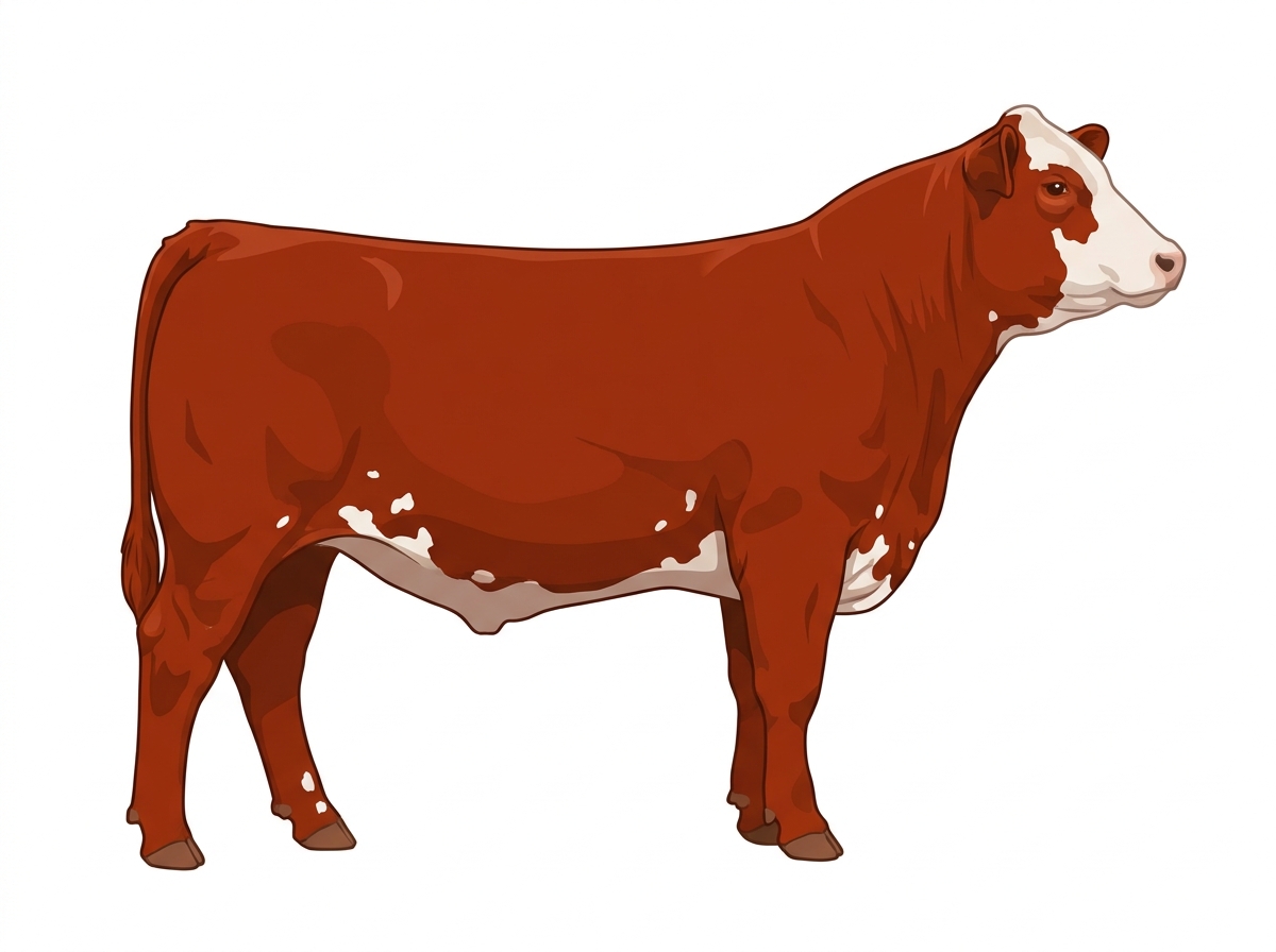 Red with a partial white face and a few white spots Angus Cross Steer