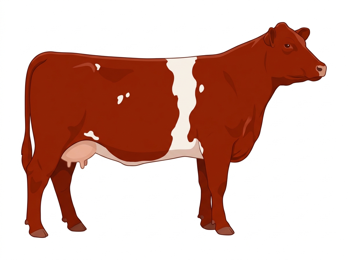 Red with a white belt around the midsection and a few white spots Angus Cross Cow