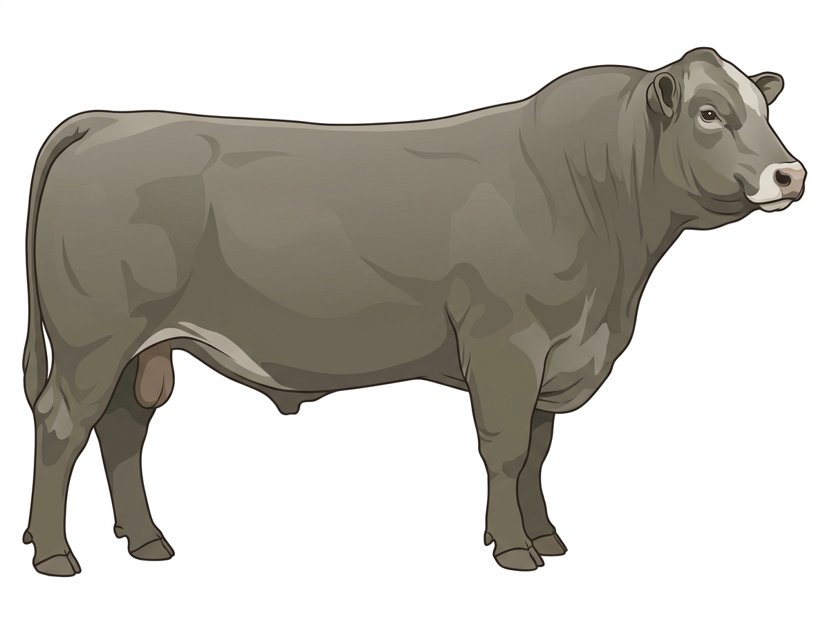 Smoky with a pale muzzle ring and lighter underline and a partial white face Angus Cross Bull