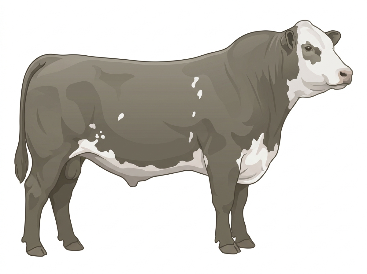 Smoky with a partial white face and a few white spots Angus Cross Bull