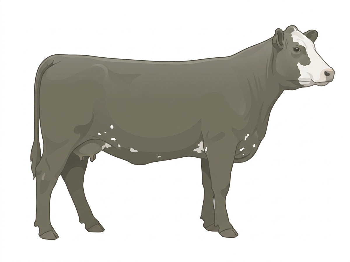 Smoky with a partial white face and a few white spots Angus Cross Cow