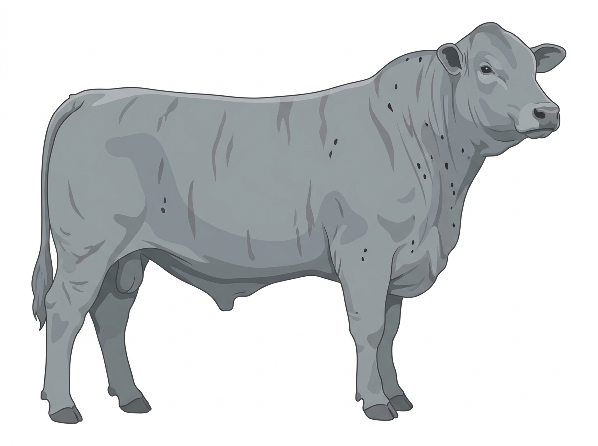 Silver Gray faint brindle with minimal spotting Angus x Brahman Cross Bull