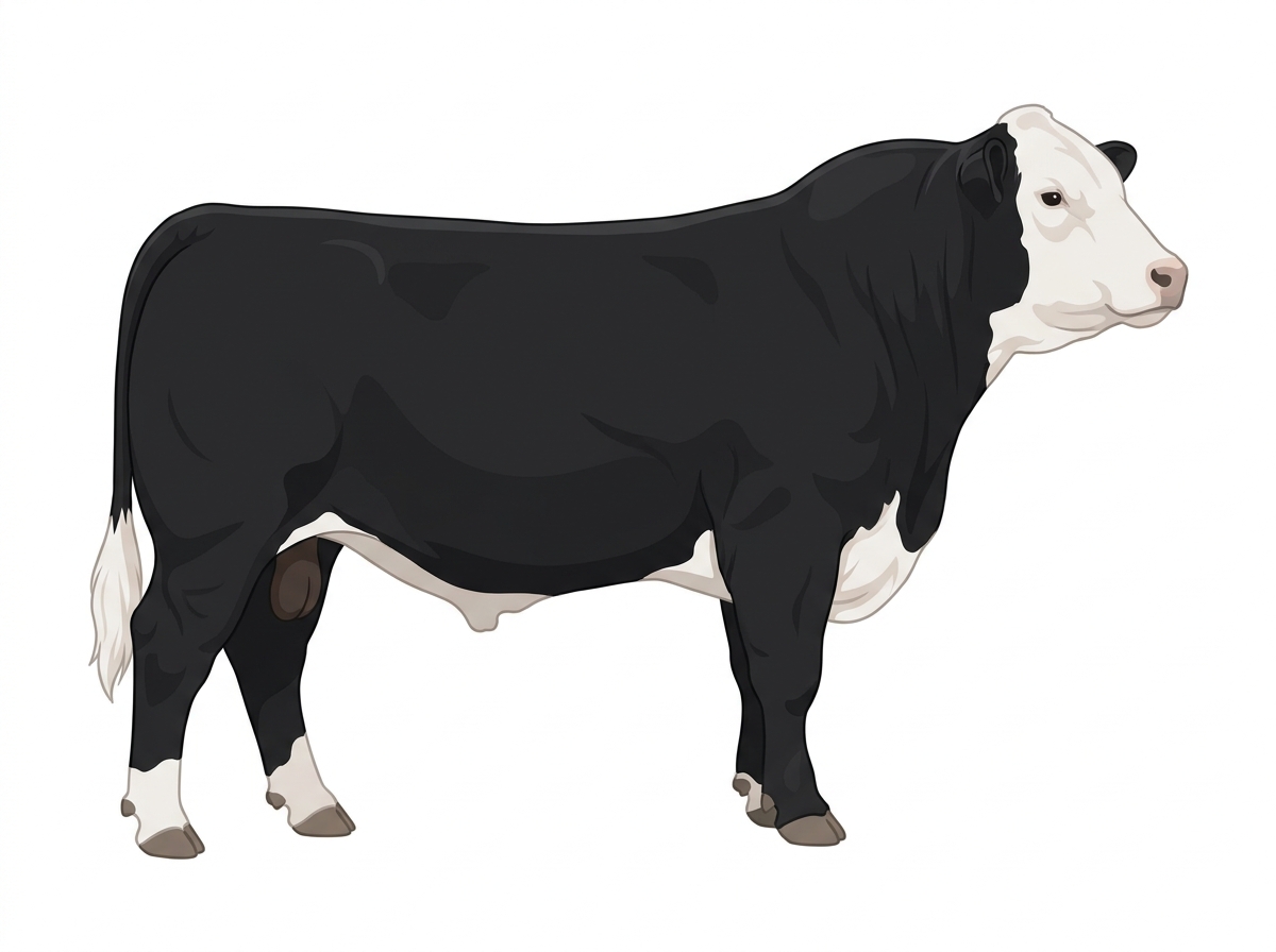 Black with a partial white face Angus x Hereford Cross Bull