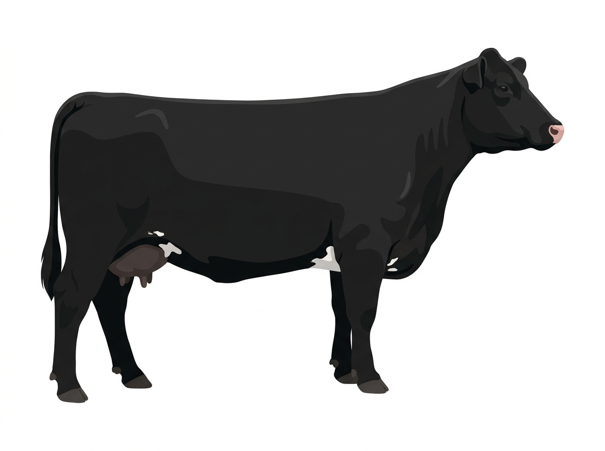 Black with minimal spotting Angus x Shorthorn Cross Cow
