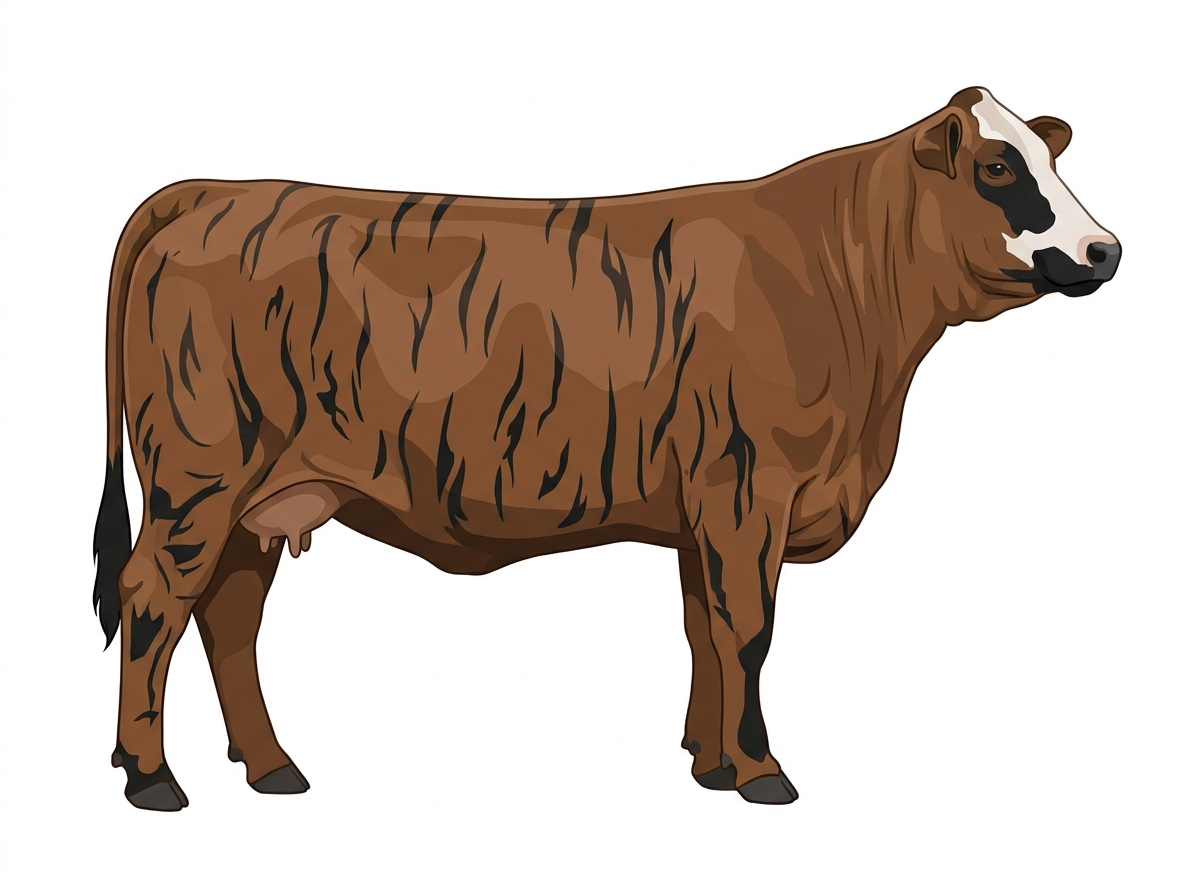 Brown brindle with black stripes, black points and a partial white face Beefmaster Cow
