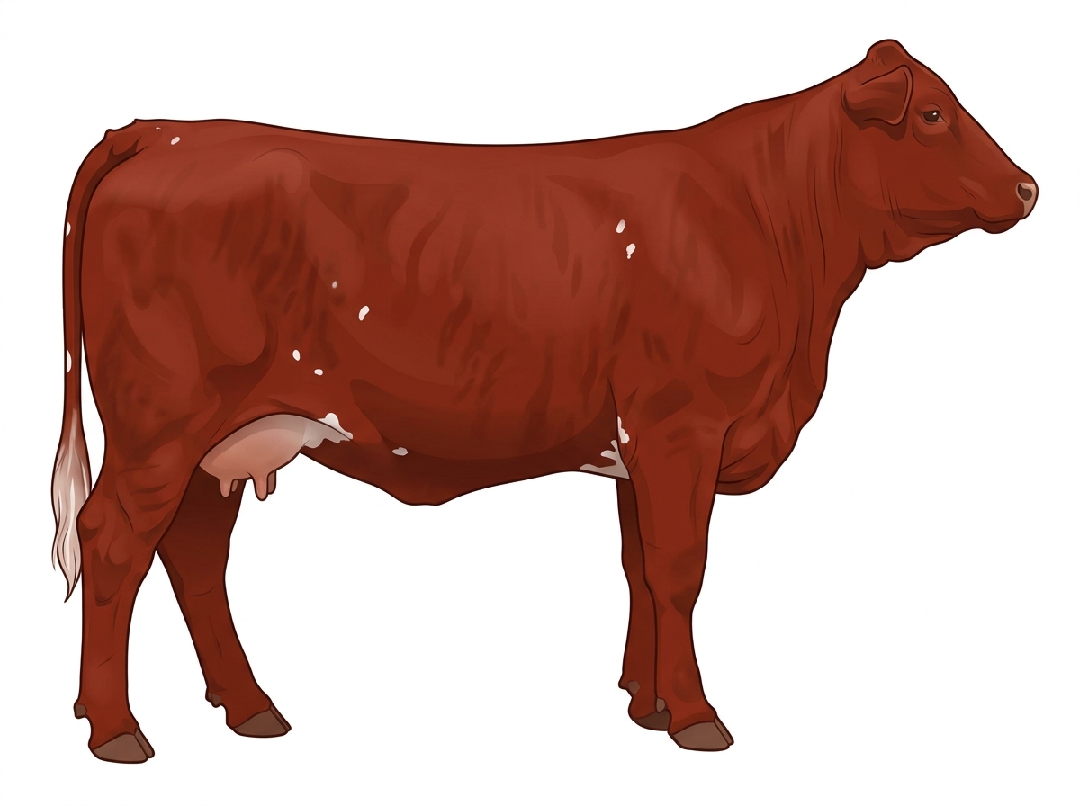 Red faint brindle with minimal spotting Beefmaster Cow