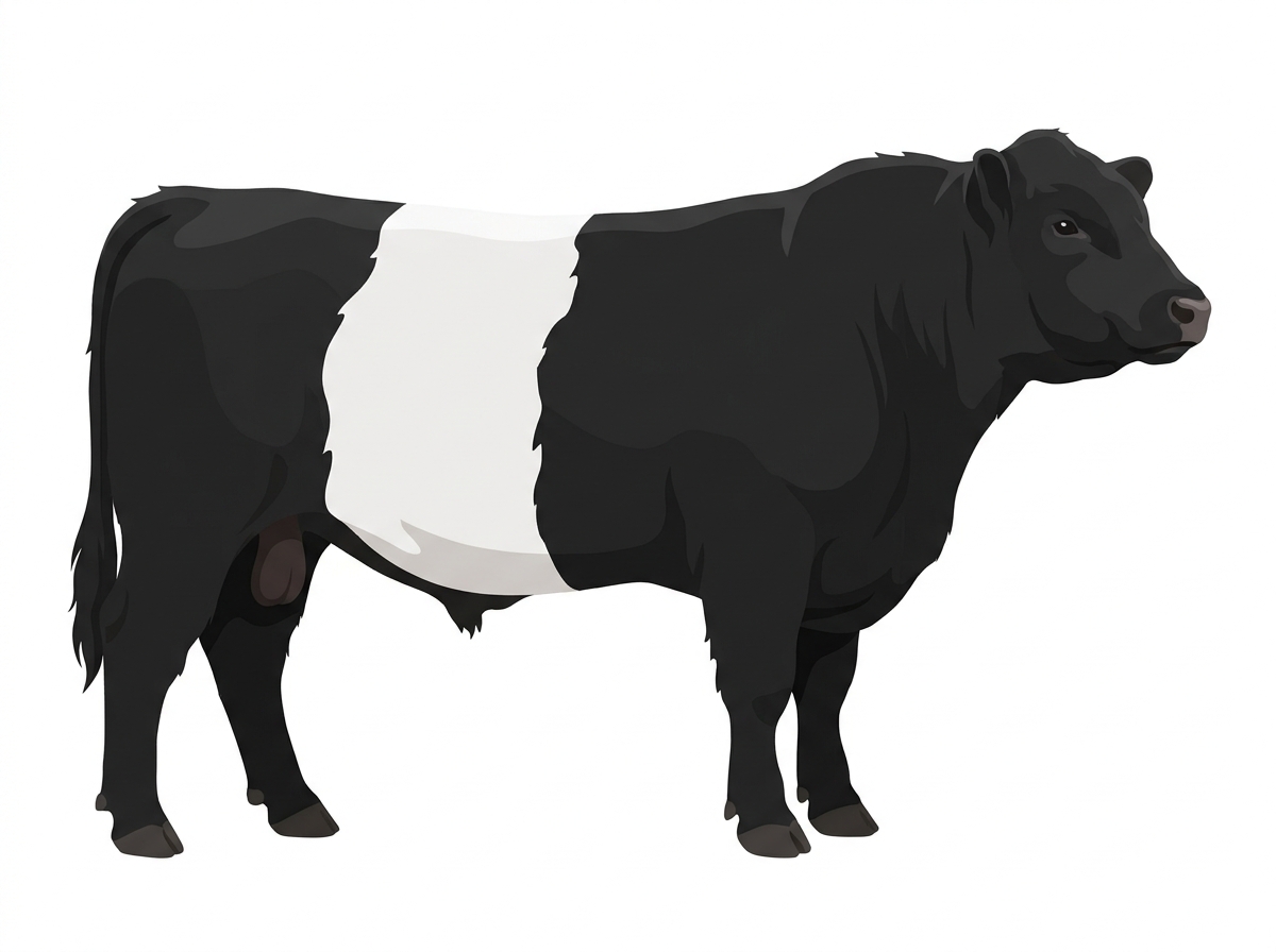 Black with a white belt around the midsection Belted Galloway Bull
