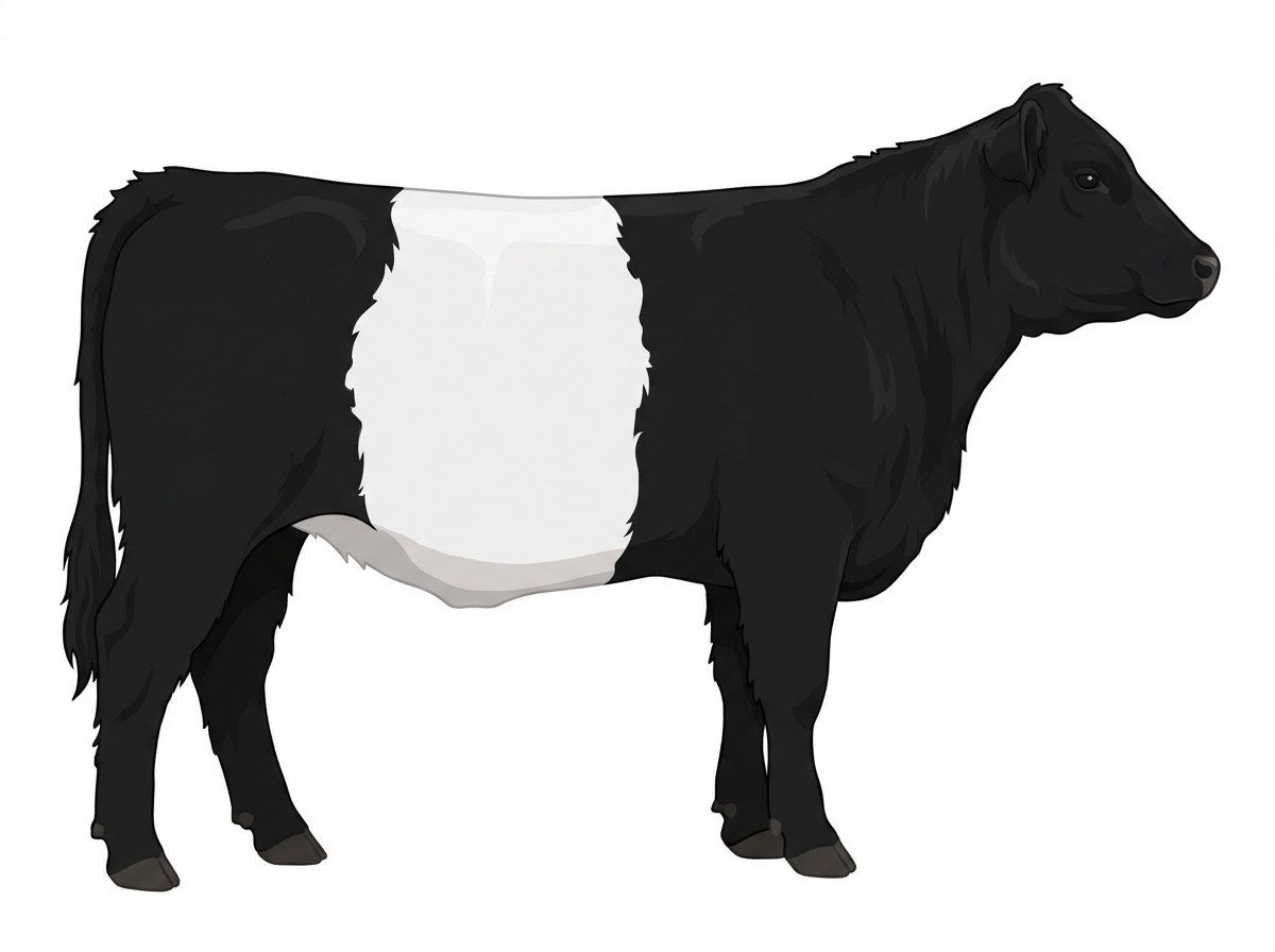 Black with a white belt around the midsection Belted Galloway Heifer