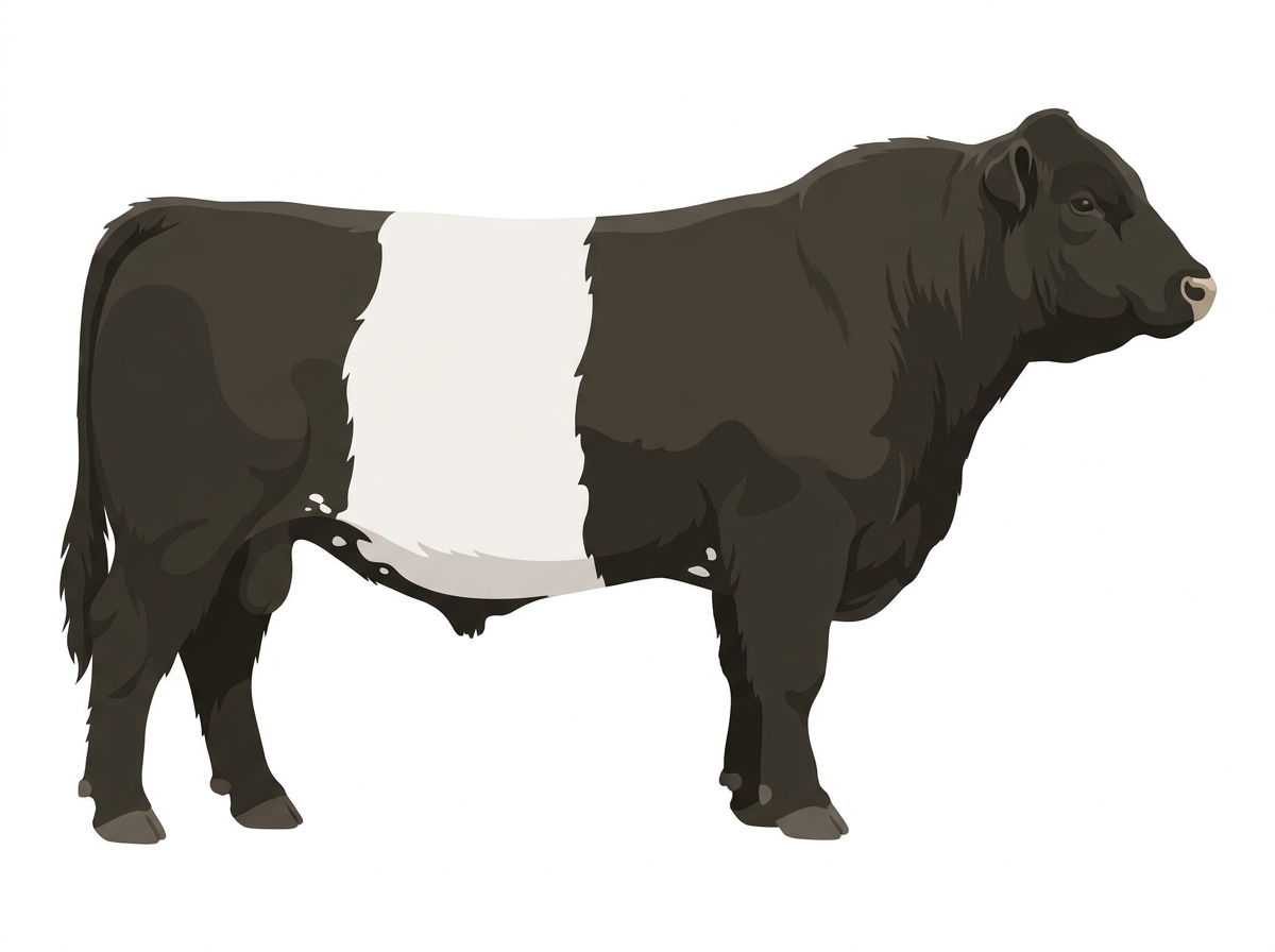 Black with a pale muzzle ring and lighter underline and a few white spots Belted Galloway Cross Bull