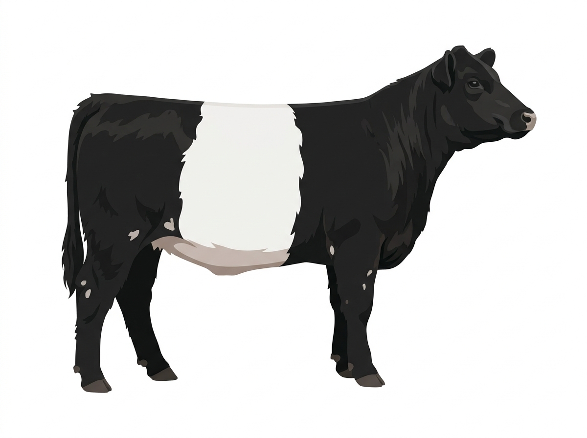 Black with a pale muzzle ring and lighter underline and a few white spots Belted Galloway Cross Heifer