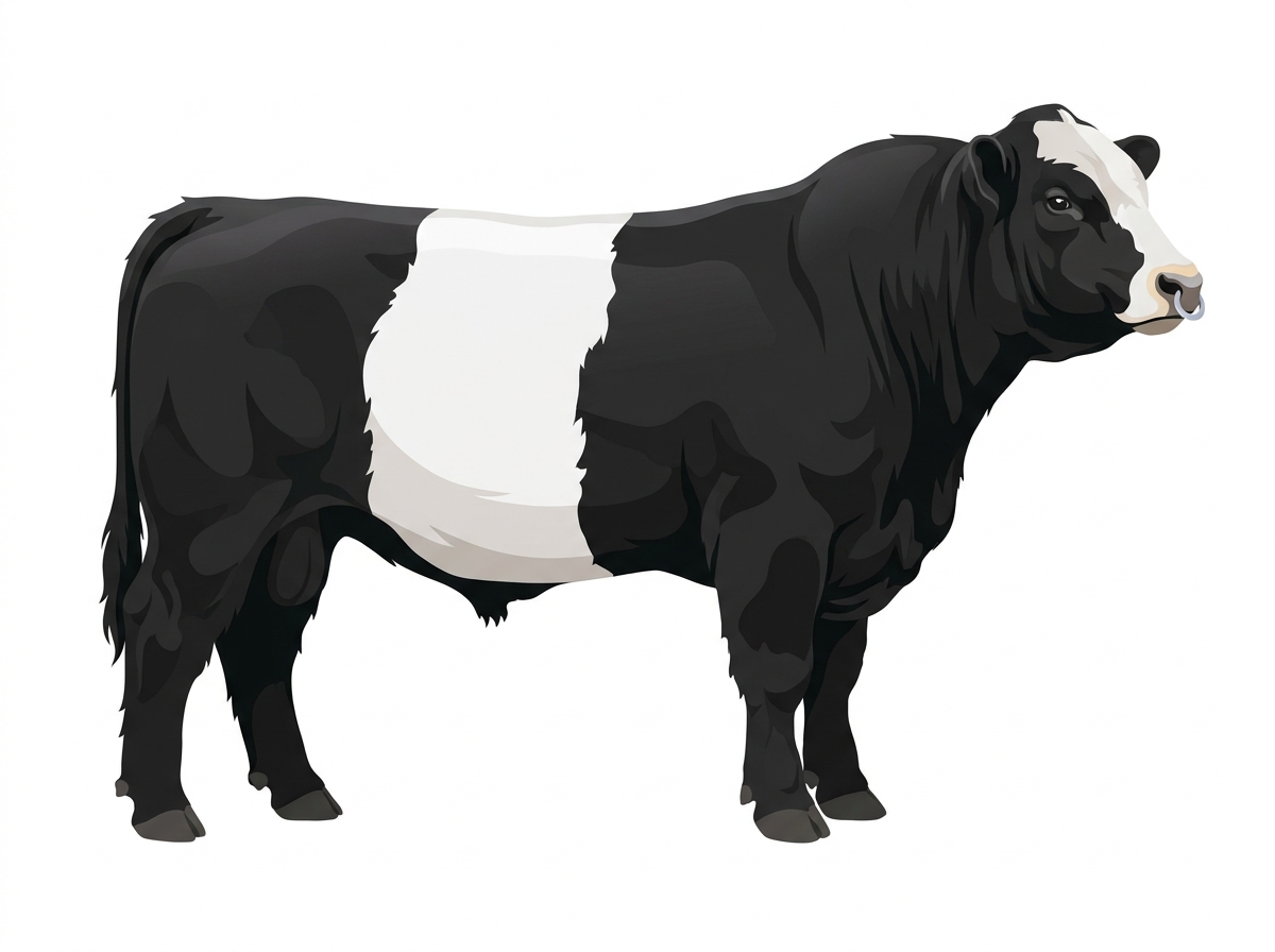 Black with a pale muzzle ring and lighter underline and a partial white face Belted Galloway Cross Bull