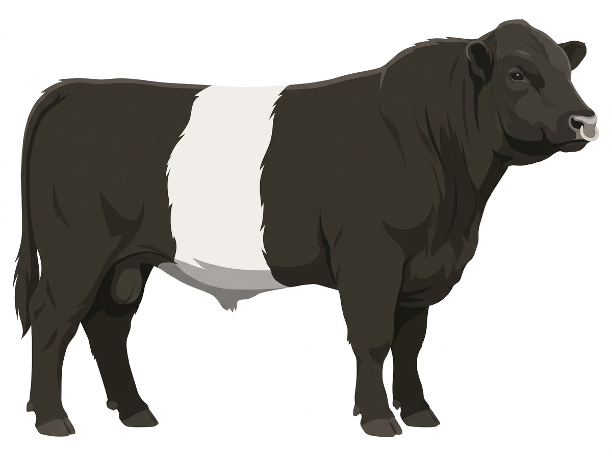 Black with a pale muzzle ring and lighter underline Belted Galloway Cross Bull