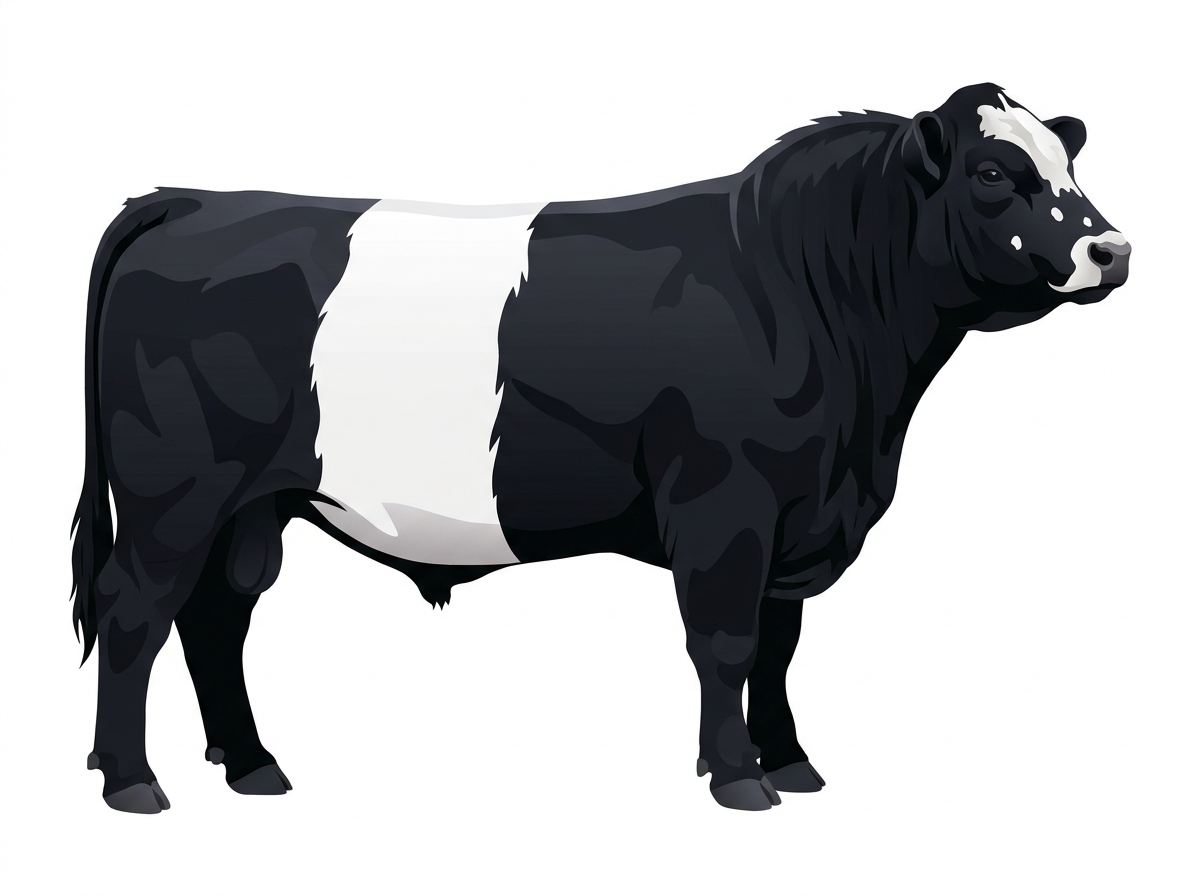 Black with a partial white face and a few white spots Belted Galloway Cross Bull