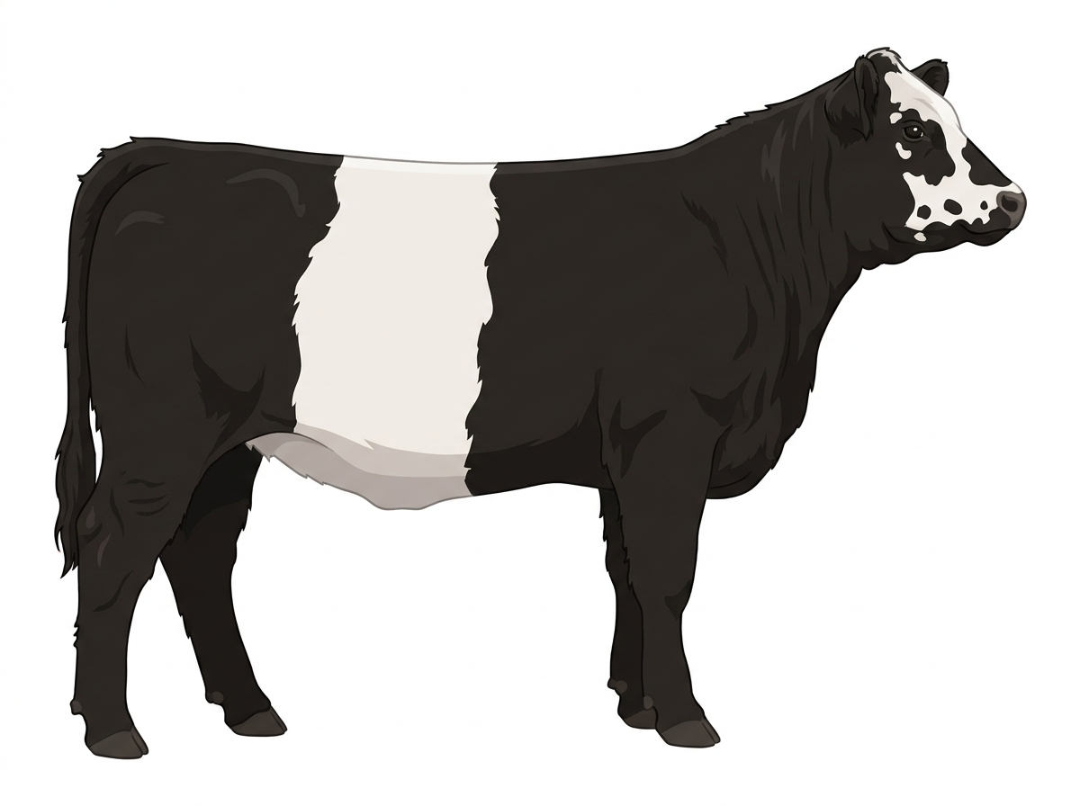 Black with a partial white face and a few white spots Belted Galloway Cross Heifer