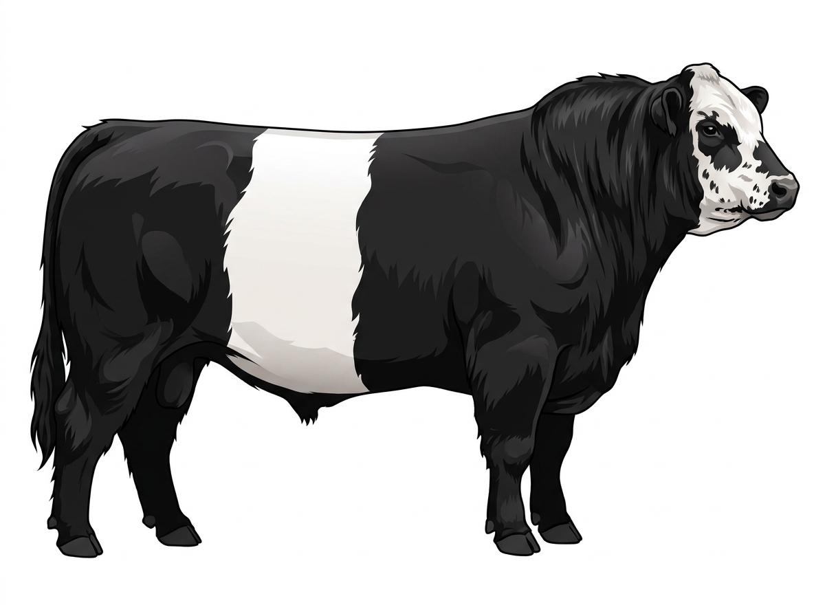 Black with a partial white face and ticking in the white Belted Galloway Cross Bull