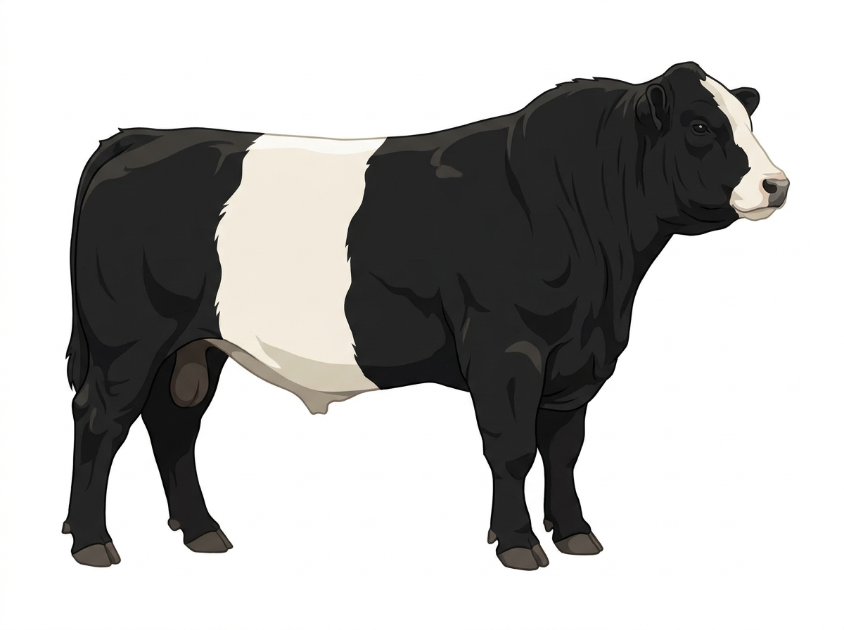 Black with a partial white face and white spots Belted Galloway Cross Bull