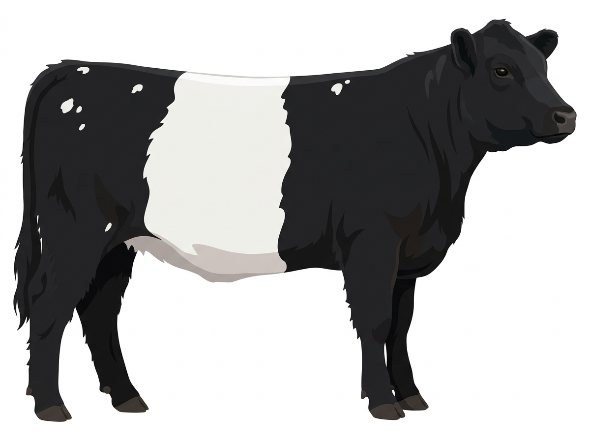 Black with a white belt around the midsection and a few white spots Belted Galloway Cross Heifer