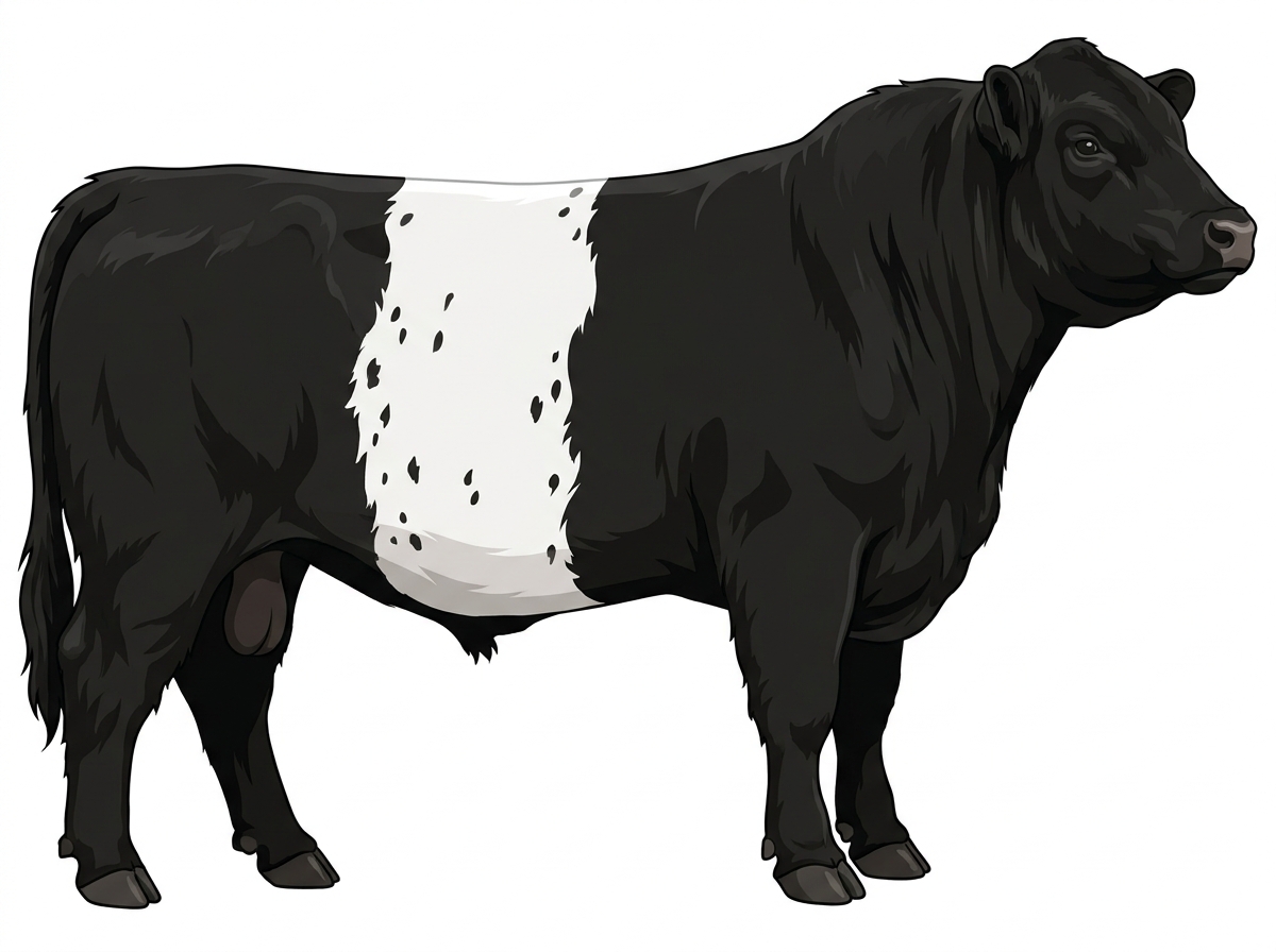 Black with a white belt around the midsection and ticking in the white Belted Galloway Cross Bull