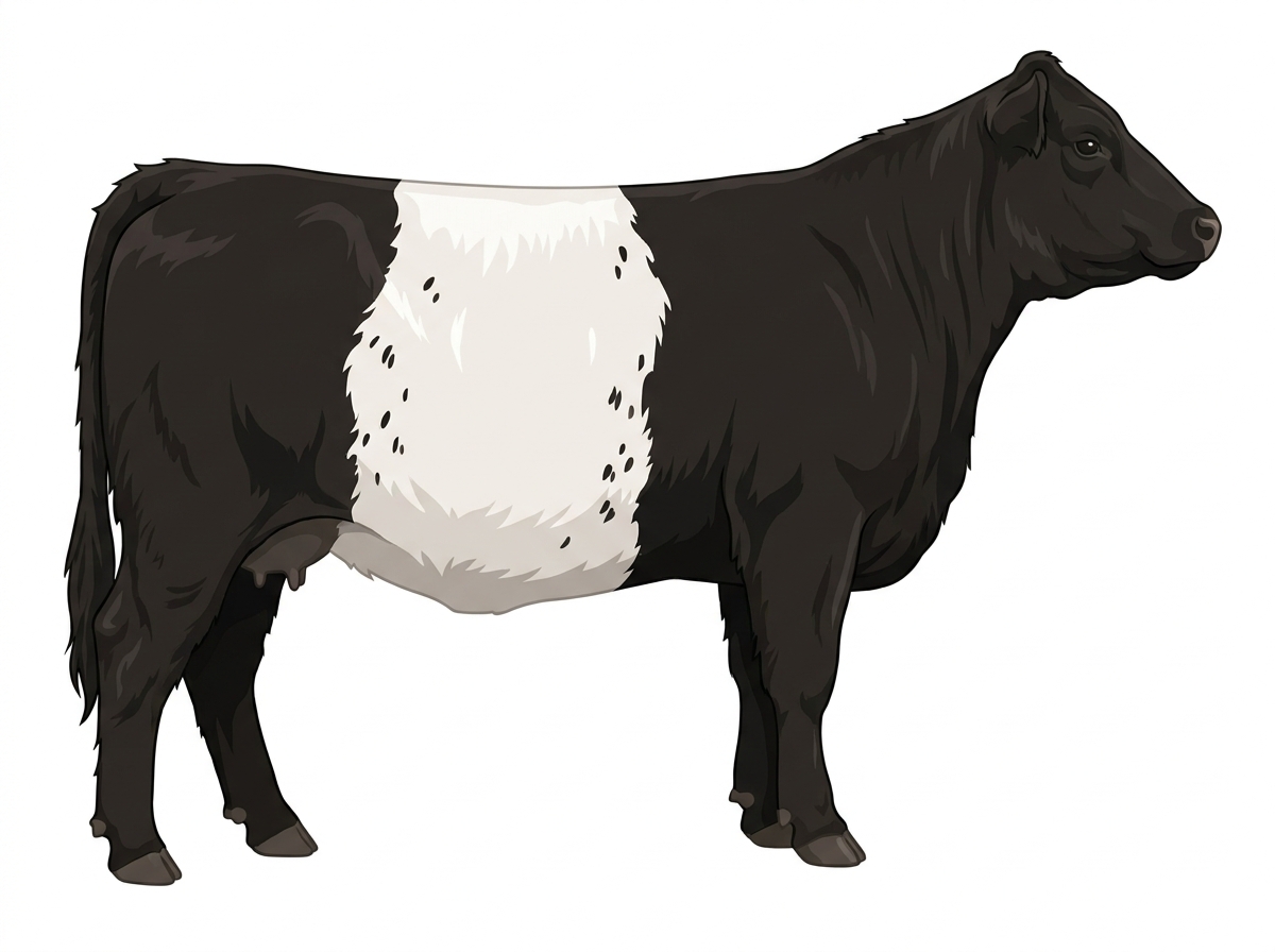 Black with a white belt around the midsection and ticking in the white Belted Galloway Cross Cow