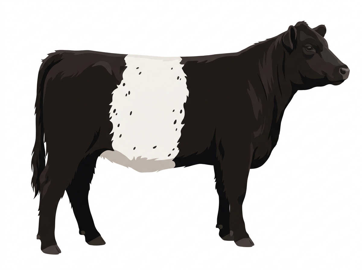 Black with a white belt around the midsection and ticking in the white Belted Galloway Cross Heifer