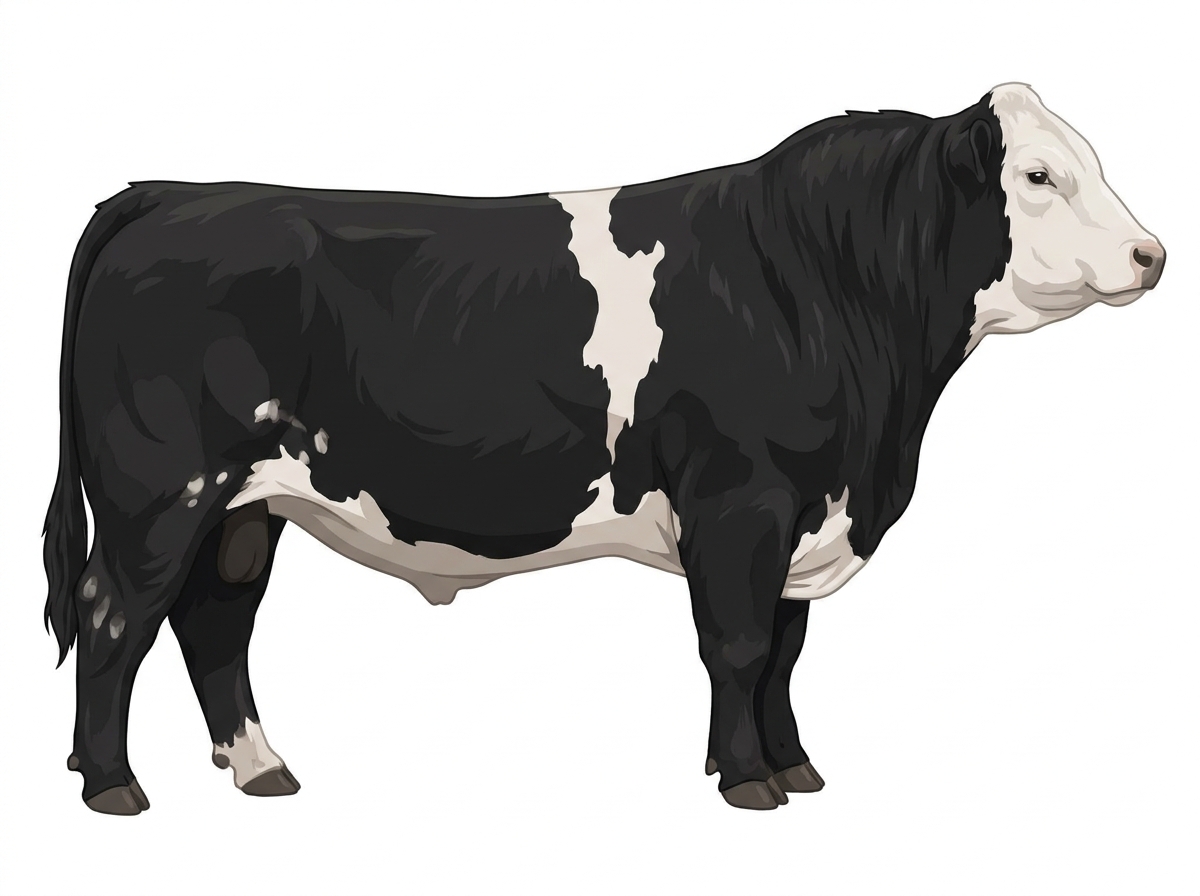 Black with a white face and a few white spots Belted Galloway Cross Bull