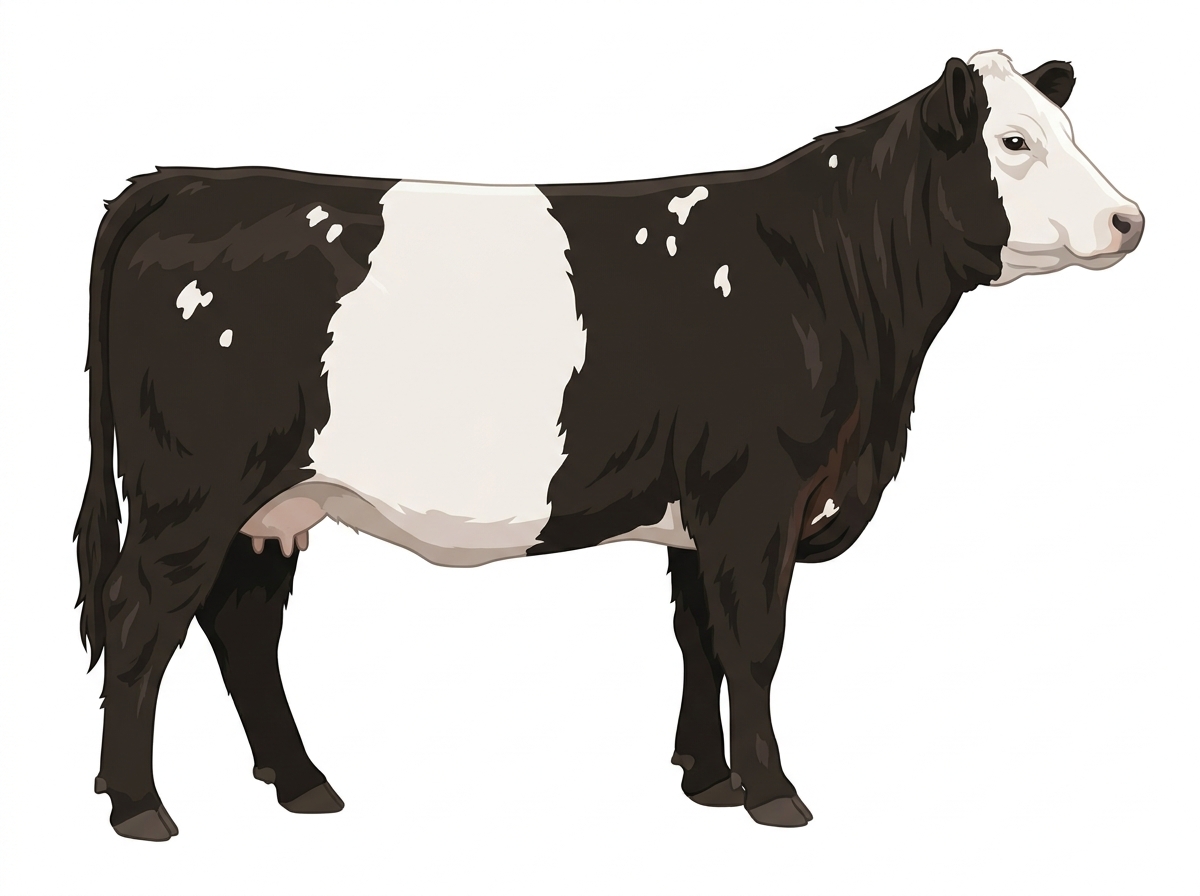 Black with a white face and a few white spots Belted Galloway Cross Cow