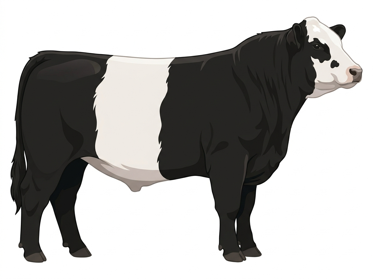 Black with a white face and a few white spots Belted Galloway Cross Steer