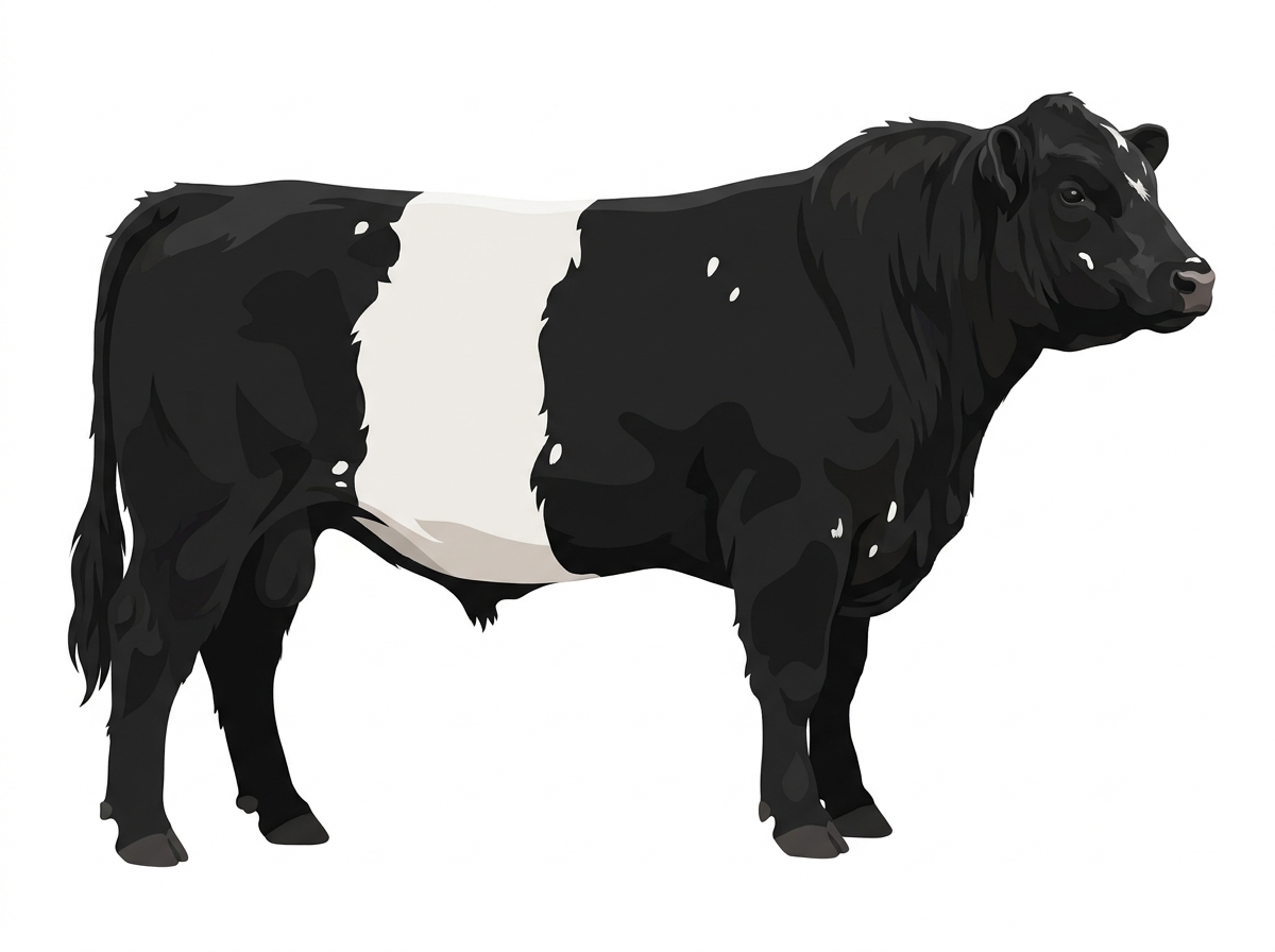 Black with minimal white face markings and a few white spots Belted Galloway Cross Bull