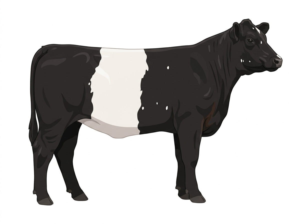 Black with minimal white face markings and a few white spots Belted Galloway Cross Heifer