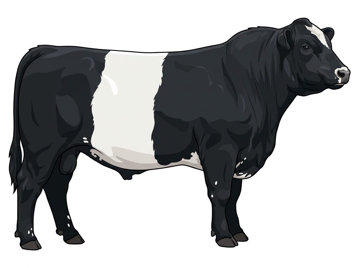 Black with minimal white face markings and white spots Belted Galloway Cross Bull