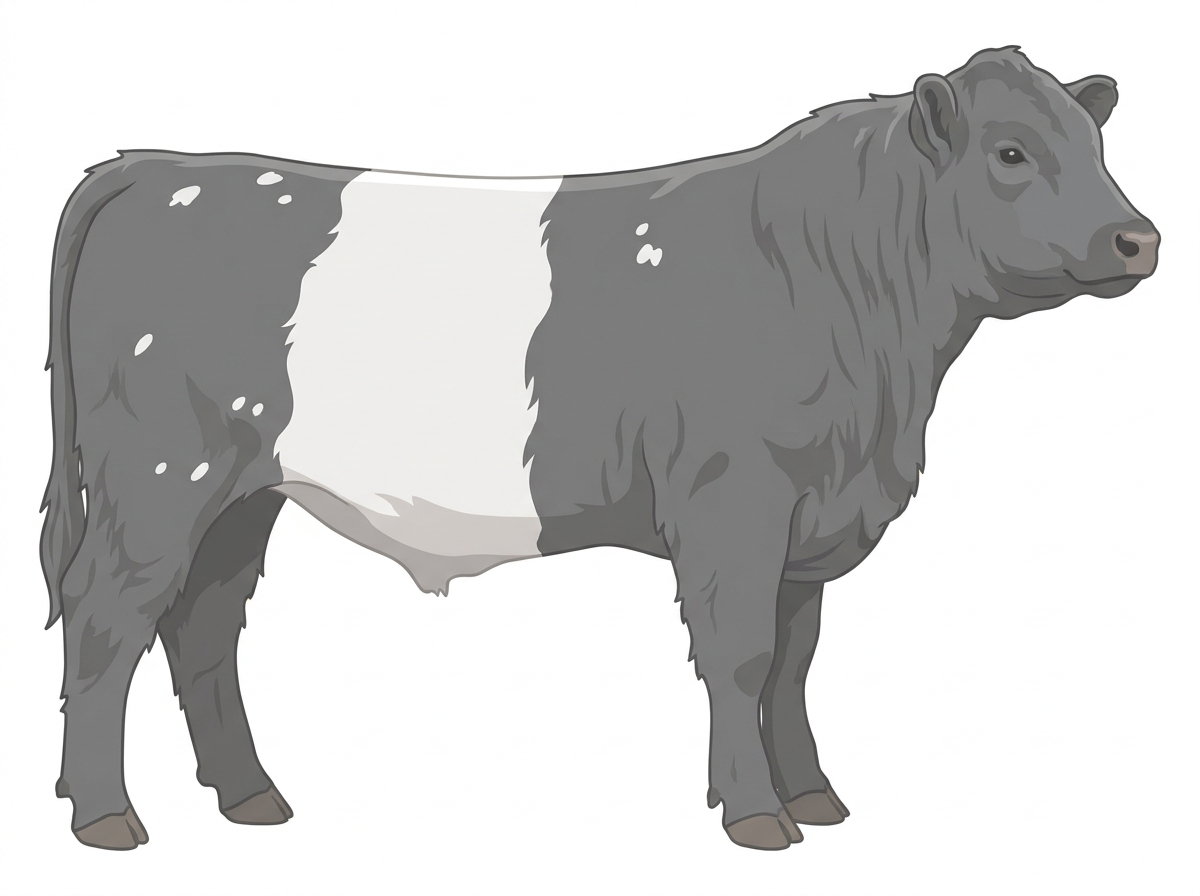Blue roan with a white belt around the midsection and a few white spots Belted Galloway Cross Steer