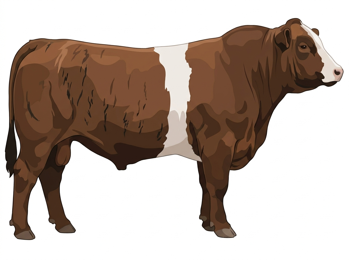Brown brindle with faint black striping, black points and a partial white face Belted Galloway Cross Bull