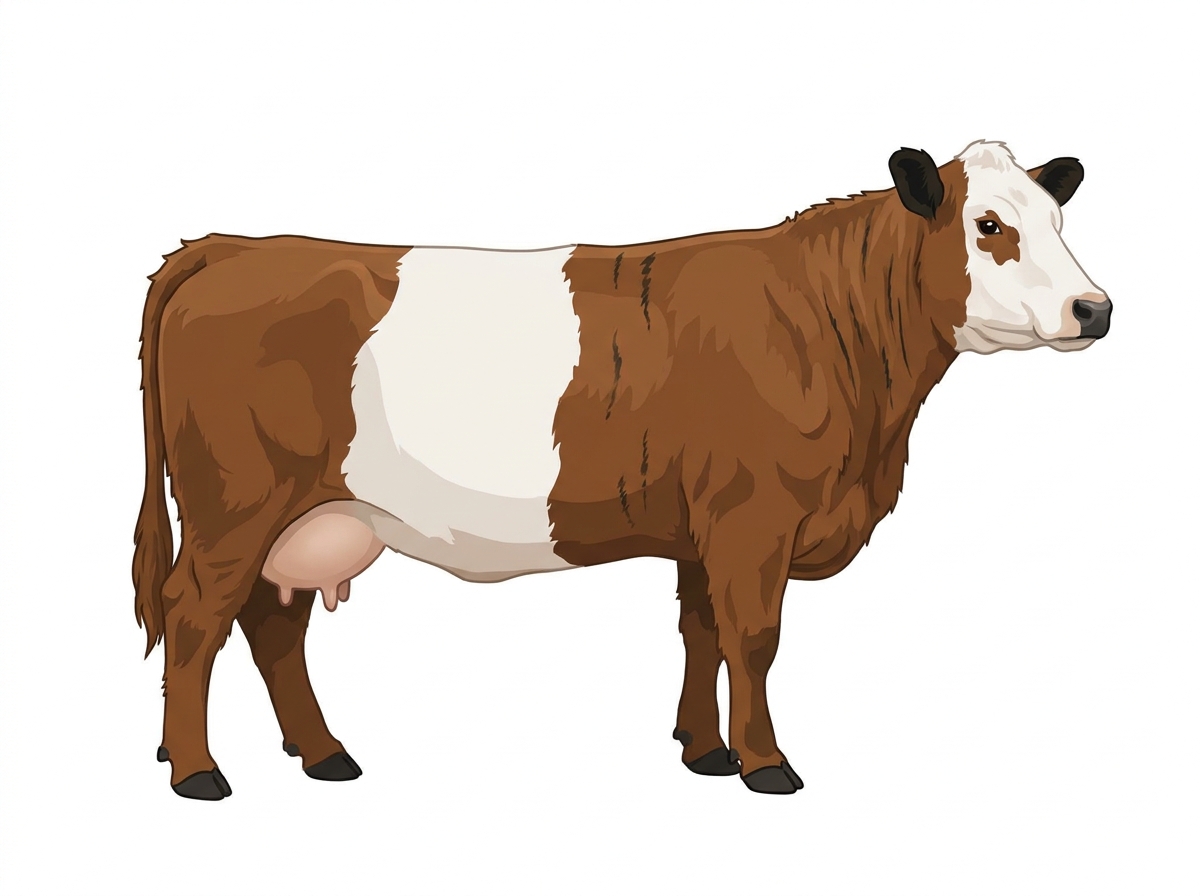 Brown brindle with faint black striping, black points and a white face Belted Galloway Cross Cow