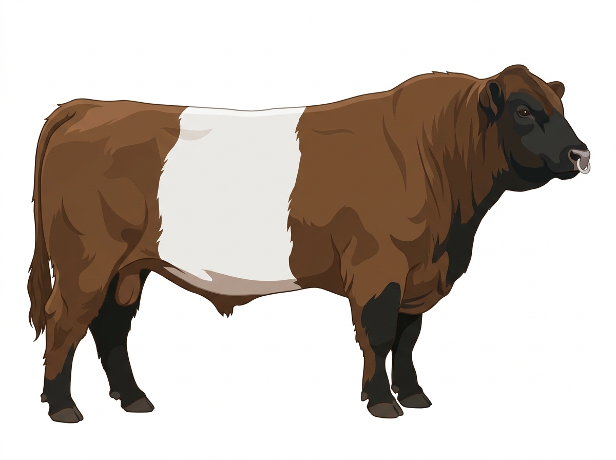 Brown with black points and a pale muzzle ring and lighter underline Belted Galloway Cross Bull