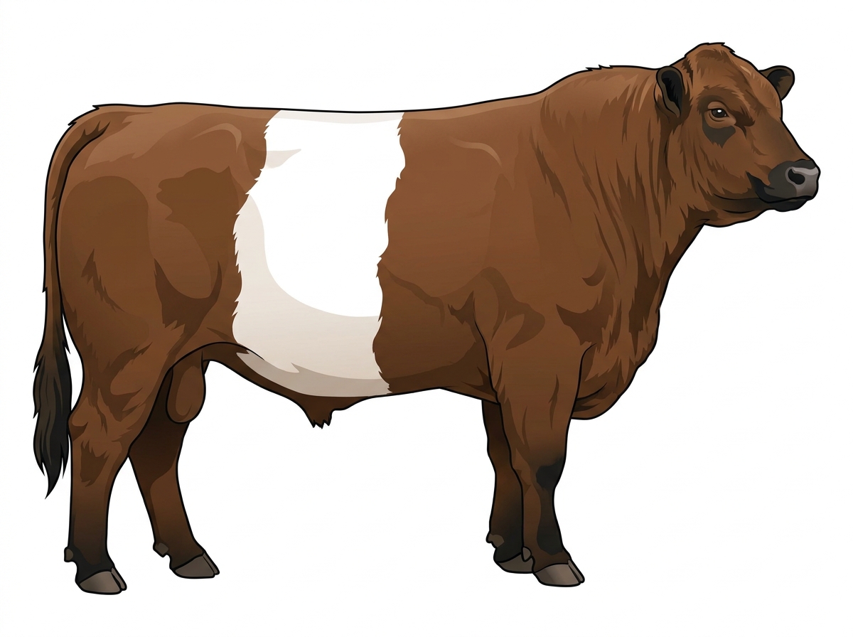 Brown with black points and a white belt around the midsection Belted Galloway Cross Bull