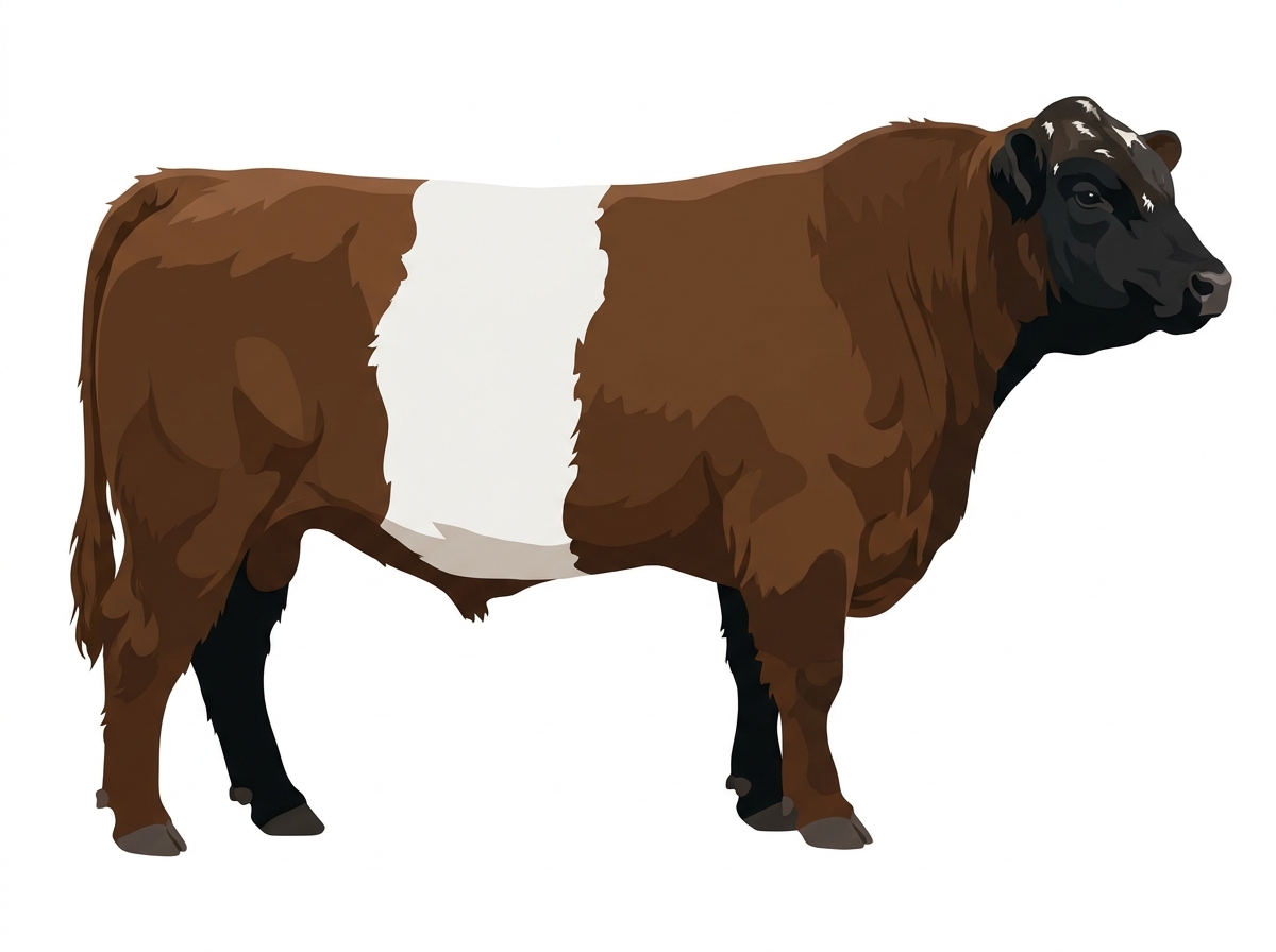 Brown with black points, minimal white face markings and ticking in the white Belted Galloway Cross Bull