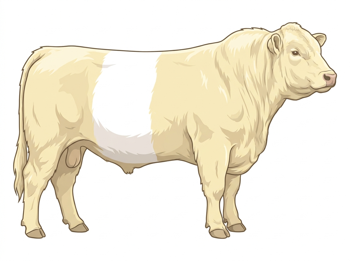 Cream with a white belt around the midsection Belted Galloway Cross Bull