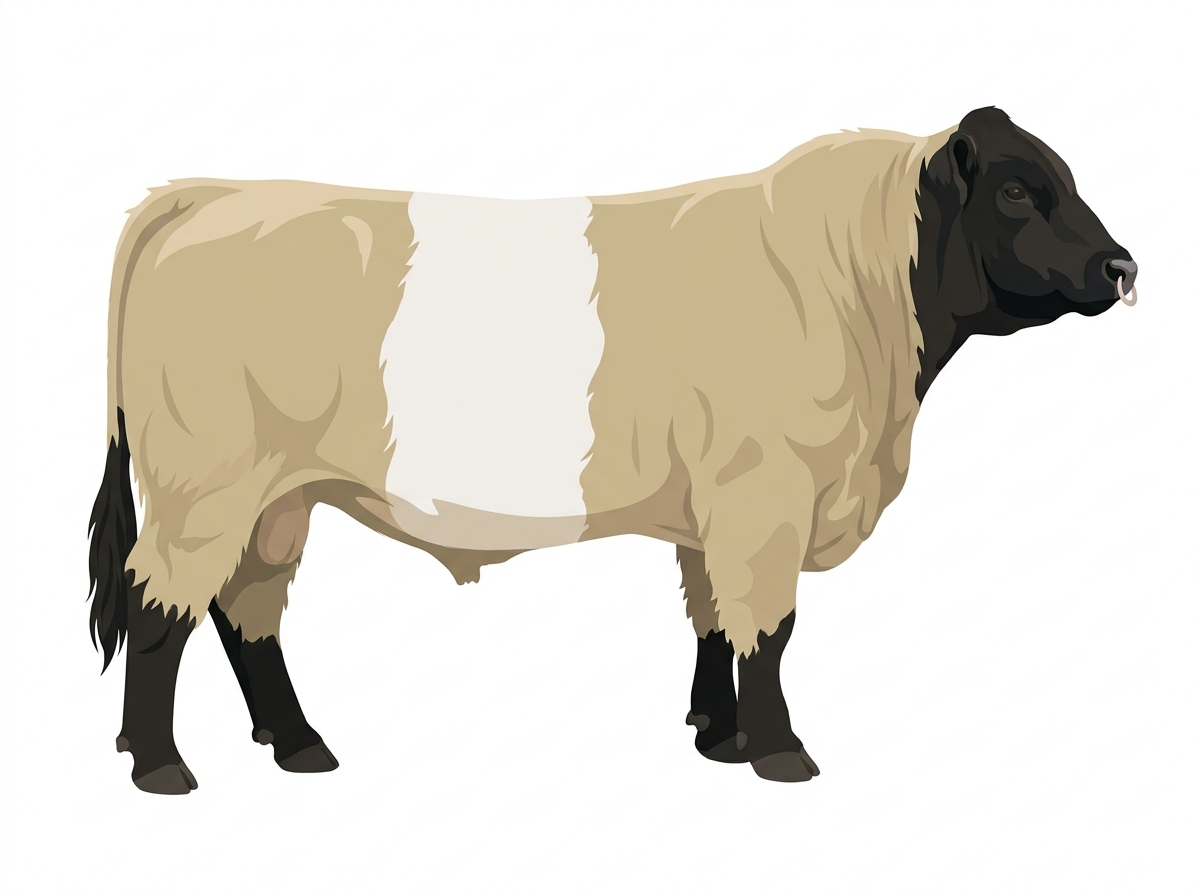 Cream with black points and a pale muzzle ring and lighter underline Belted Galloway Cross Bull