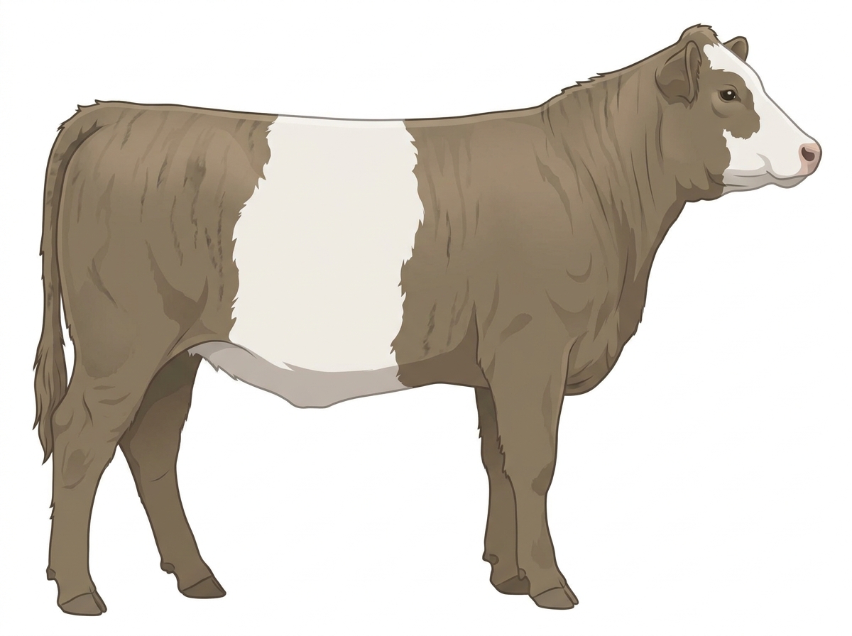 Dun brindle with faint black striping and a partial white face Belted Galloway Cross Heifer