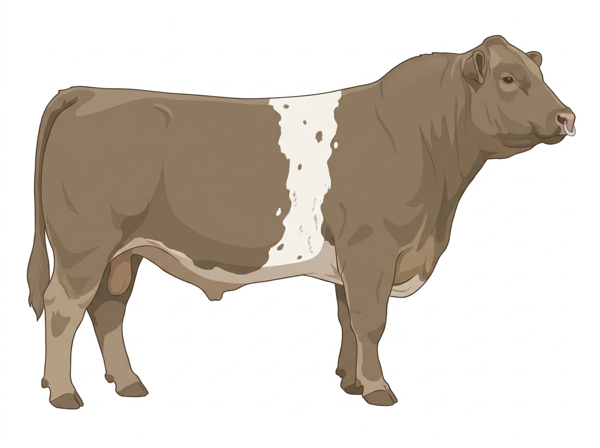 Dun with a pale muzzle ring and lighter underline, a few white spots and ticking in the white Belted Galloway Cross Bull