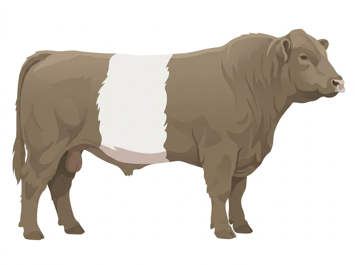 Dun with a pale muzzle ring and lighter underline and a white belt around the midsection Belted Galloway Cross Bull